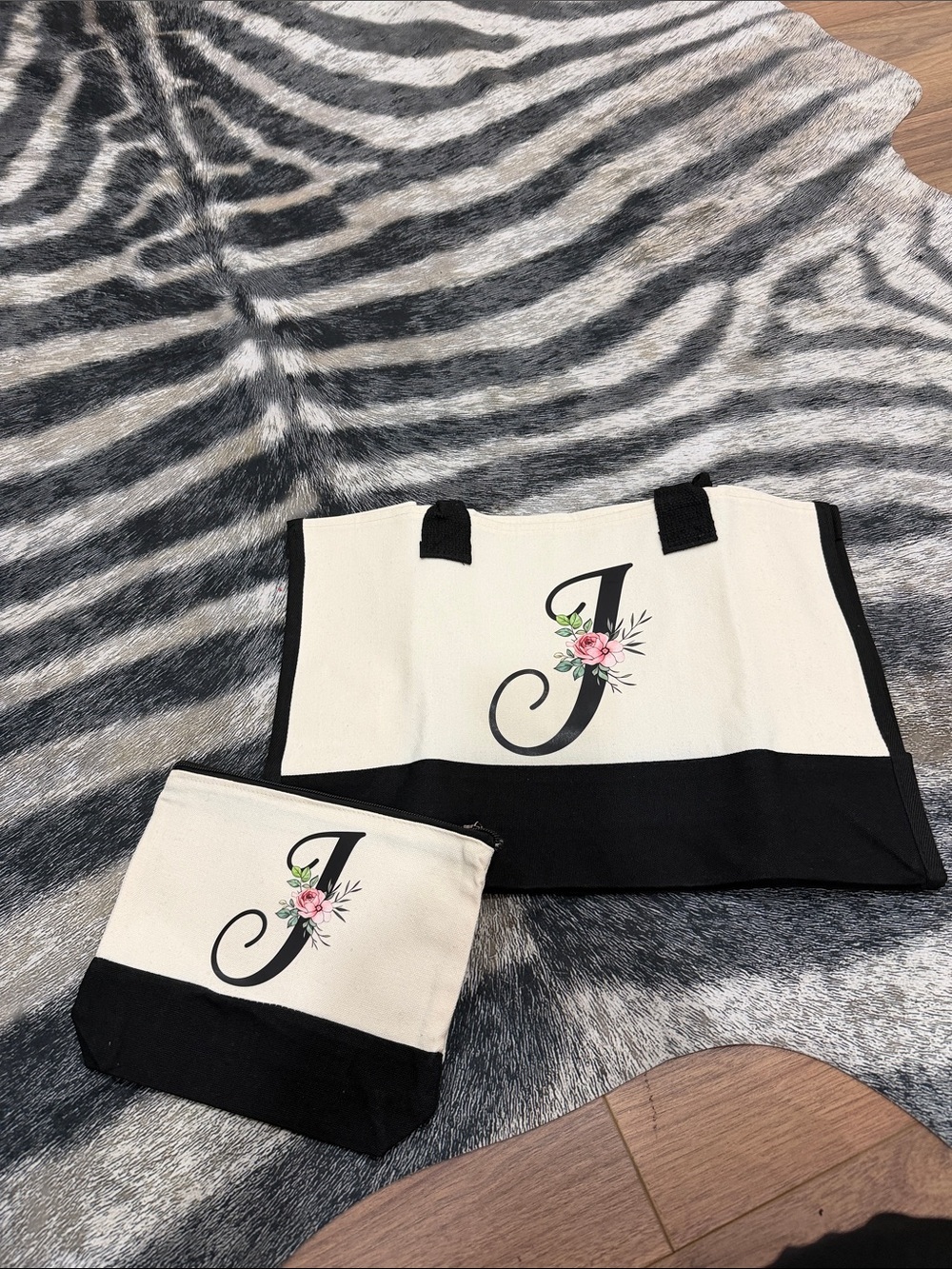 Canvas Tote and Pouch Set with Floral Monogram J - Cream & Black